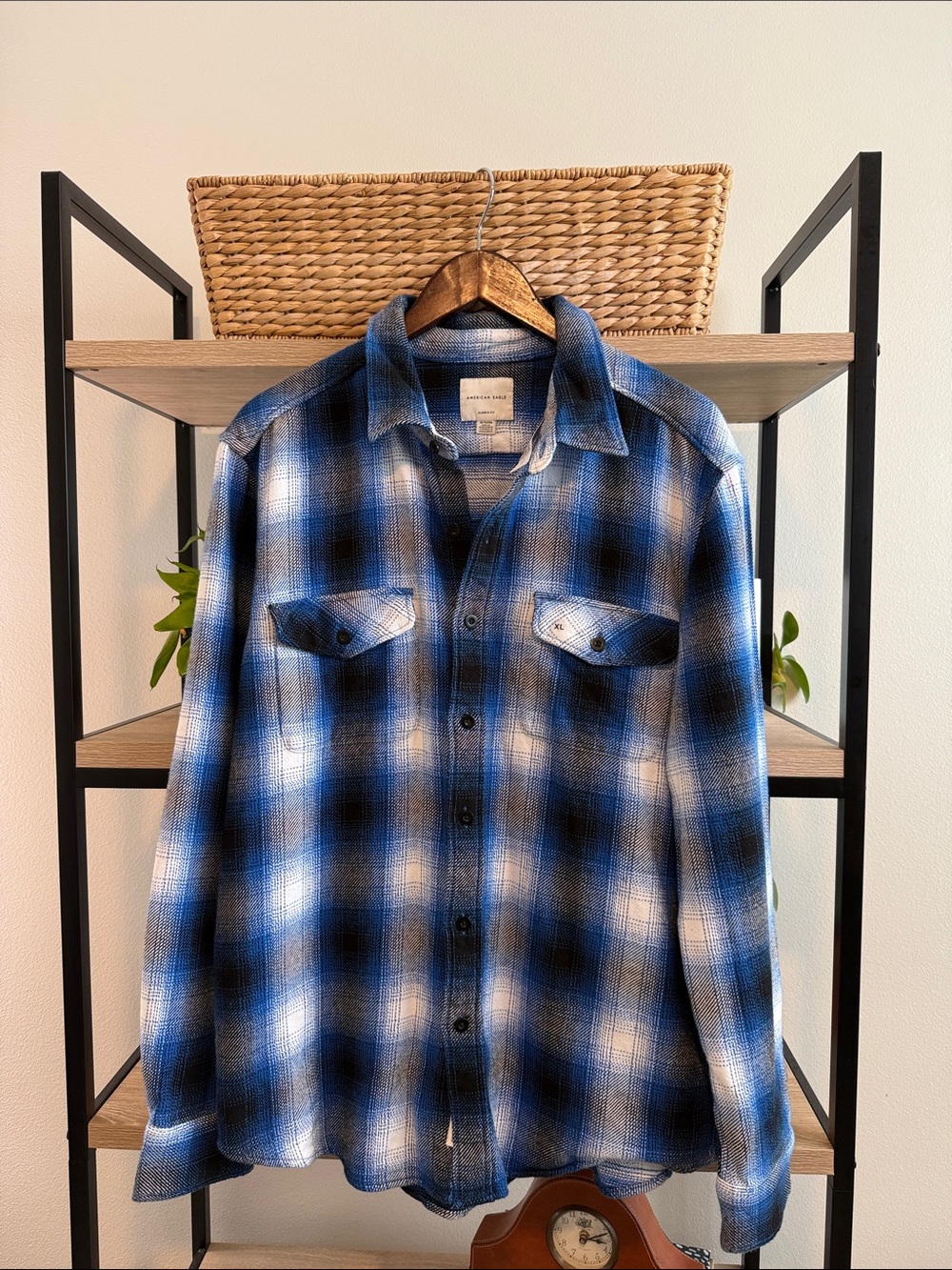 NWT American Eagle Blue Plaid Button Down Shacket, XL